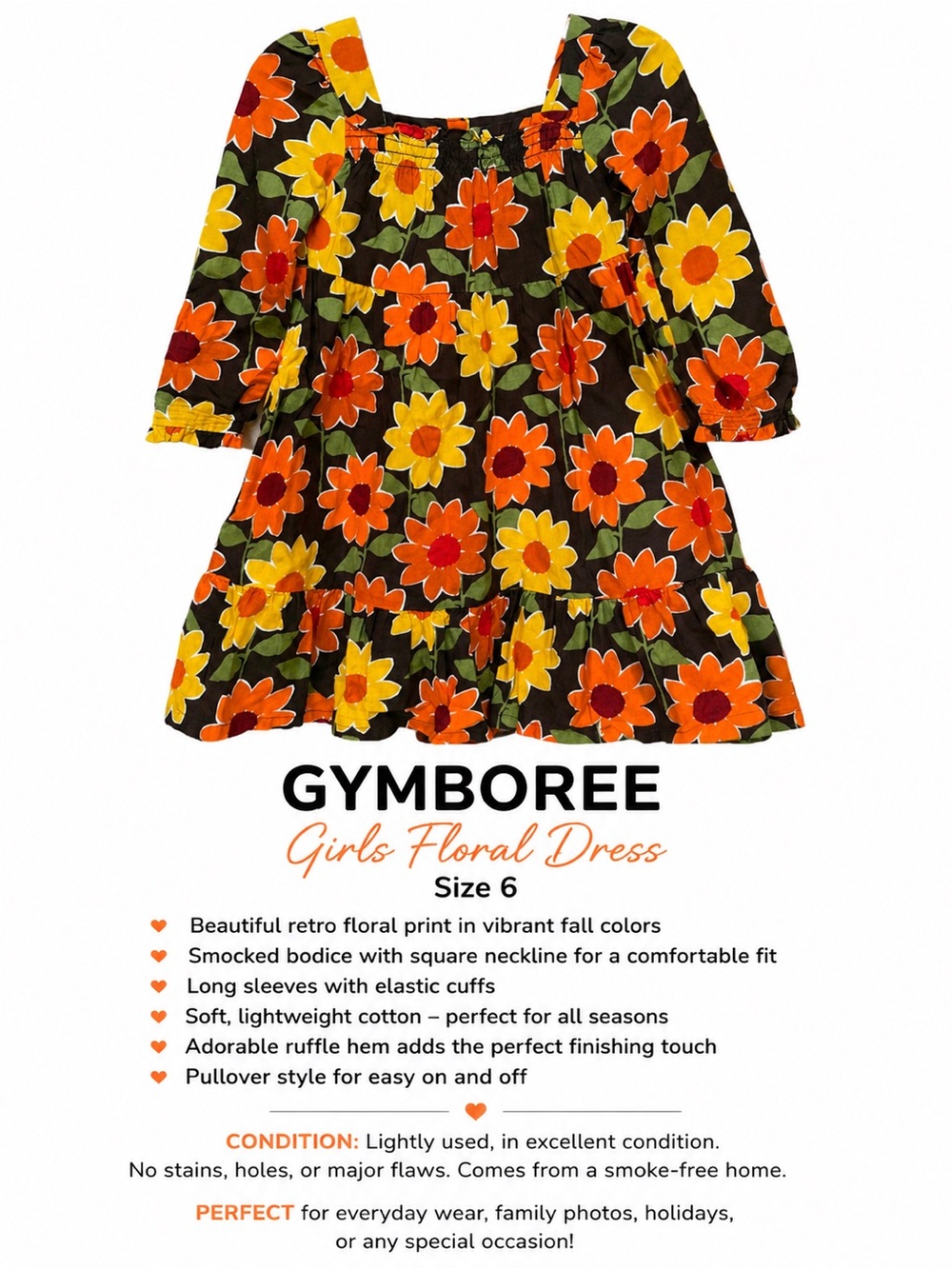 Gymboree Girls Floral Dress - Orange, Yellow & Olive Green Bloom Print